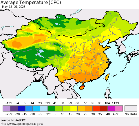 China, Mongolia and Taiwan Average Temperature (CPC) Thematic Map For 5/15/2023 - 5/21/2023