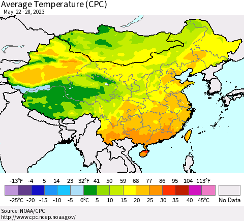 China, Mongolia and Taiwan Average Temperature (CPC) Thematic Map For 5/22/2023 - 5/28/2023