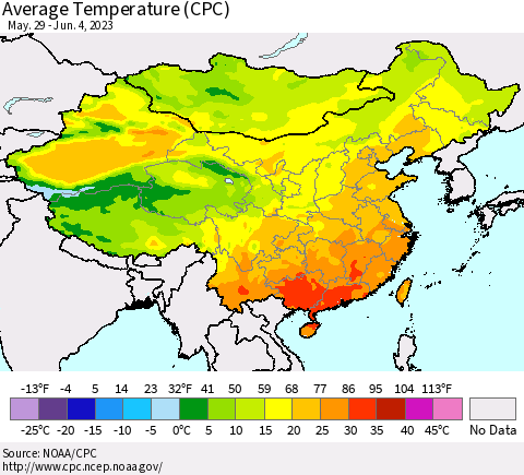 China, Mongolia and Taiwan Average Temperature (CPC) Thematic Map For 5/29/2023 - 6/4/2023