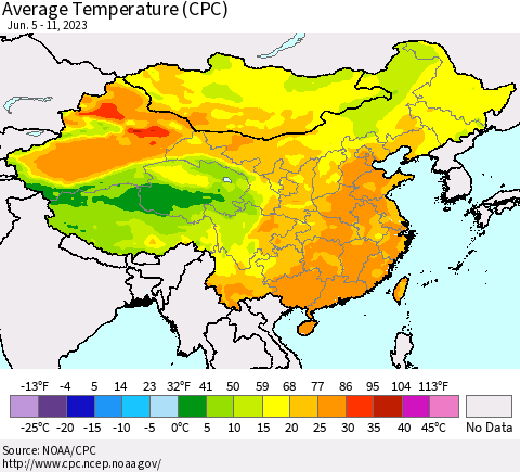 China, Mongolia and Taiwan Average Temperature (CPC) Thematic Map For 6/5/2023 - 6/11/2023