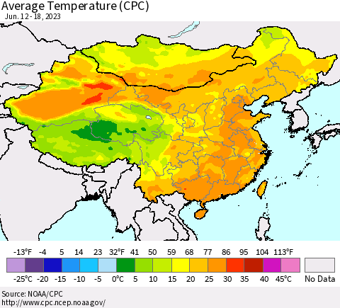 China, Mongolia and Taiwan Average Temperature (CPC) Thematic Map For 6/12/2023 - 6/18/2023