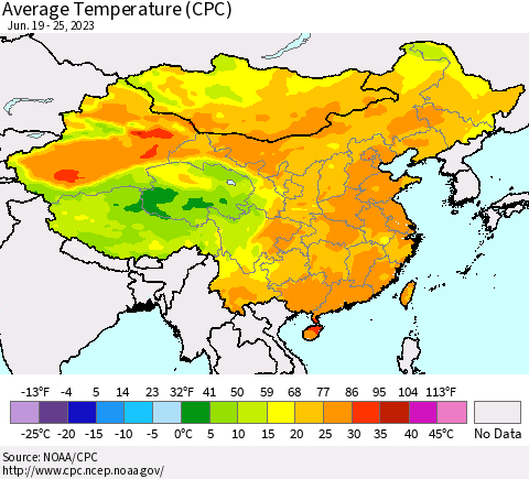 China, Mongolia and Taiwan Average Temperature (CPC) Thematic Map For 6/19/2023 - 6/25/2023