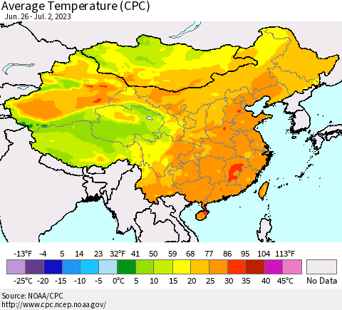 China, Mongolia and Taiwan Average Temperature (CPC) Thematic Map For 6/26/2023 - 7/2/2023