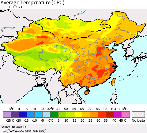 China, Mongolia and Taiwan Average Temperature (CPC) Thematic Map For 7/3/2023 - 7/9/2023