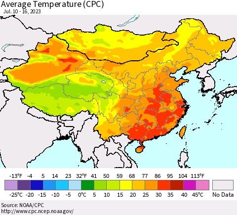 China, Mongolia and Taiwan Average Temperature (CPC) Thematic Map For 7/10/2023 - 7/16/2023