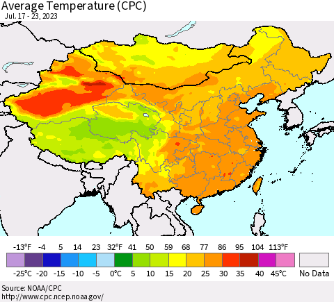 China, Mongolia and Taiwan Average Temperature (CPC) Thematic Map For 7/17/2023 - 7/23/2023