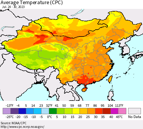 China, Mongolia and Taiwan Average Temperature (CPC) Thematic Map For 7/24/2023 - 7/30/2023