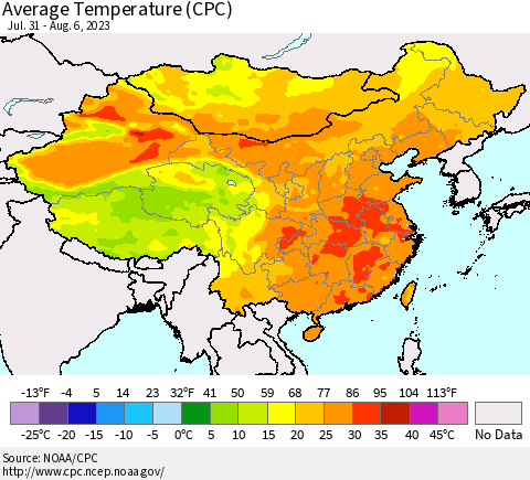 China, Mongolia and Taiwan Average Temperature (CPC) Thematic Map For 7/31/2023 - 8/6/2023