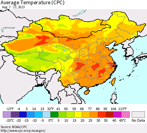 China, Mongolia and Taiwan Average Temperature (CPC) Thematic Map For 8/7/2023 - 8/13/2023