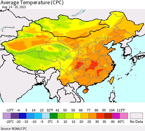 China, Mongolia and Taiwan Average Temperature (CPC) Thematic Map For 8/14/2023 - 8/20/2023