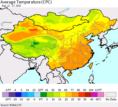 China, Mongolia and Taiwan Average Temperature (CPC) Thematic Map For 8/21/2023 - 8/27/2023