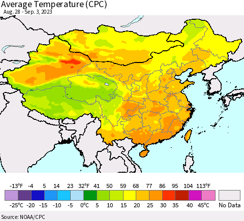 China, Mongolia and Taiwan Average Temperature (CPC) Thematic Map For 8/28/2023 - 9/3/2023