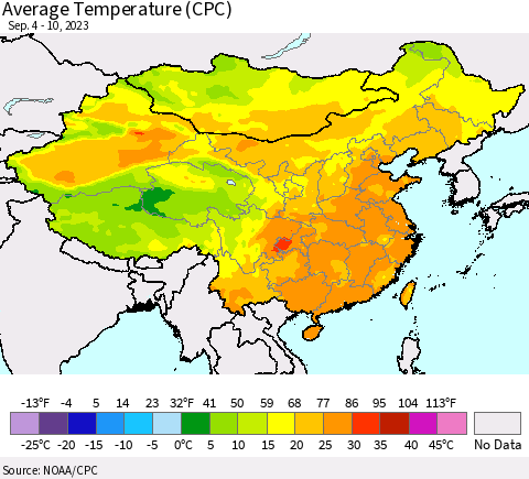 China, Mongolia and Taiwan Average Temperature (CPC) Thematic Map For 9/4/2023 - 9/10/2023