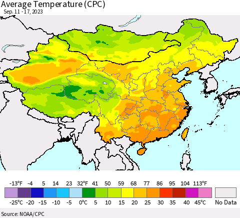 China, Mongolia and Taiwan Average Temperature (CPC) Thematic Map For 9/11/2023 - 9/17/2023