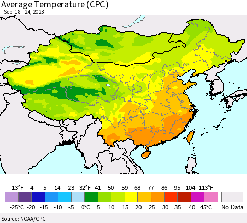 China, Mongolia and Taiwan Average Temperature (CPC) Thematic Map For 9/18/2023 - 9/24/2023