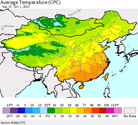 China, Mongolia and Taiwan Average Temperature (CPC) Thematic Map For 9/25/2023 - 10/1/2023