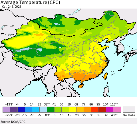 China, Mongolia and Taiwan Average Temperature (CPC) Thematic Map For 10/2/2023 - 10/8/2023