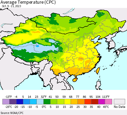 China, Mongolia and Taiwan Average Temperature (CPC) Thematic Map For 10/9/2023 - 10/15/2023