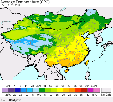 China, Mongolia and Taiwan Average Temperature (CPC) Thematic Map For 10/16/2023 - 10/22/2023