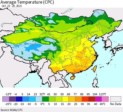 China, Mongolia and Taiwan Average Temperature (CPC) Thematic Map For 10/23/2023 - 10/29/2023