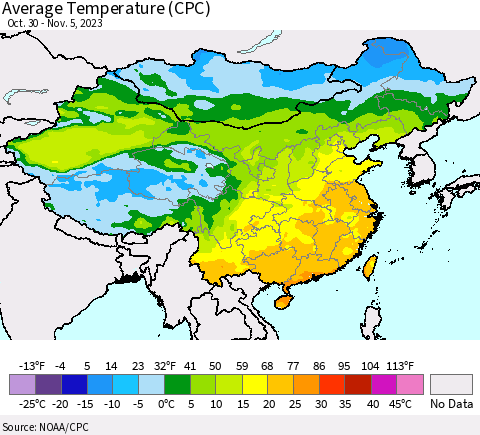 China, Mongolia and Taiwan Average Temperature (CPC) Thematic Map For 10/30/2023 - 11/5/2023