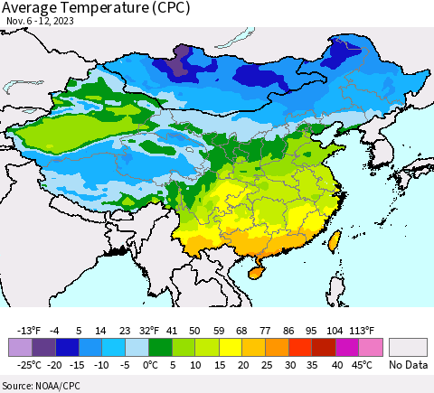 China, Mongolia and Taiwan Average Temperature (CPC) Thematic Map For 11/6/2023 - 11/12/2023