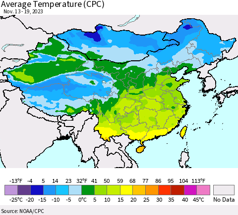 China, Mongolia and Taiwan Average Temperature (CPC) Thematic Map For 11/13/2023 - 11/19/2023