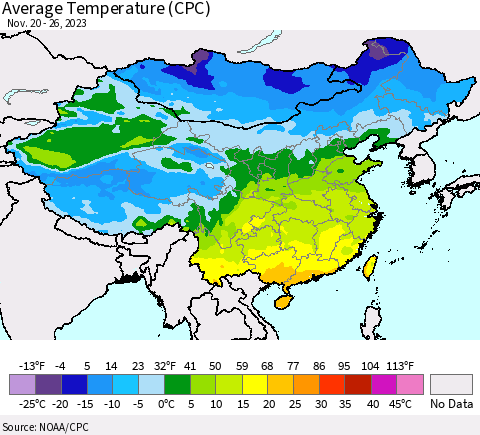 China, Mongolia and Taiwan Average Temperature (CPC) Thematic Map For 11/20/2023 - 11/26/2023