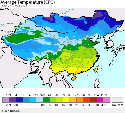 China, Mongolia and Taiwan Average Temperature (CPC) Thematic Map For 11/27/2023 - 12/3/2023