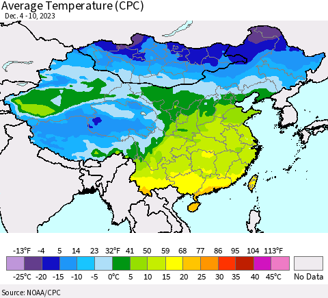 China, Mongolia and Taiwan Average Temperature (CPC) Thematic Map For 12/4/2023 - 12/10/2023