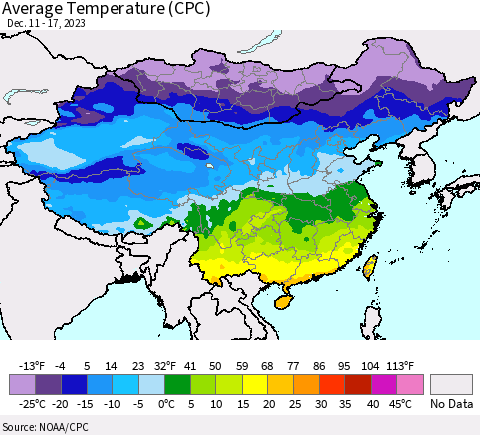 China, Mongolia and Taiwan Average Temperature (CPC) Thematic Map For 12/11/2023 - 12/17/2023