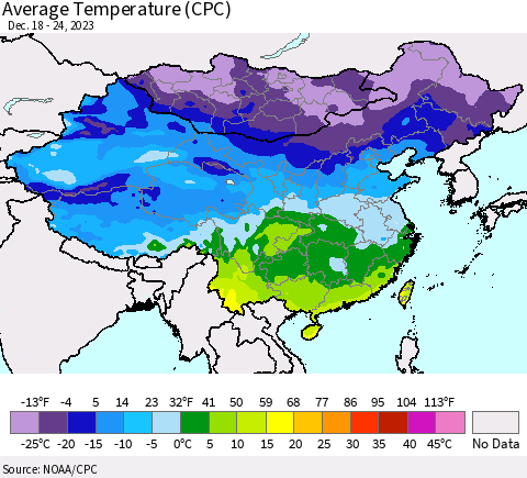 China, Mongolia and Taiwan Average Temperature (CPC) Thematic Map For 12/18/2023 - 12/24/2023