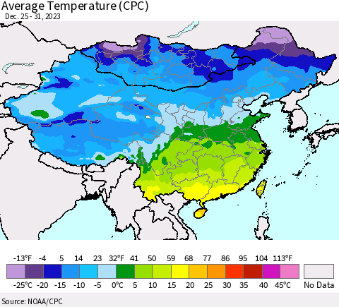 China, Mongolia and Taiwan Average Temperature (CPC) Thematic Map For 12/25/2023 - 12/31/2023
