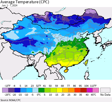 China, Mongolia and Taiwan Average Temperature (CPC) Thematic Map For 1/1/2024 - 1/7/2024