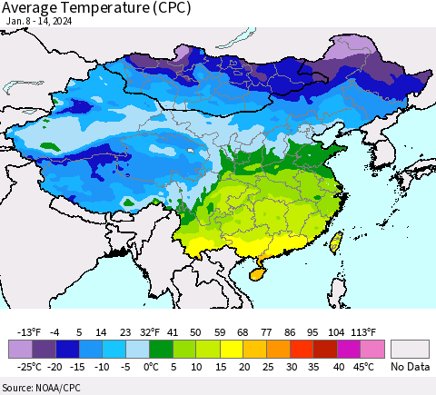China, Mongolia and Taiwan Average Temperature (CPC) Thematic Map For 1/8/2024 - 1/14/2024