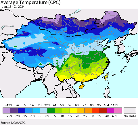 China, Mongolia and Taiwan Average Temperature (CPC) Thematic Map For 1/15/2024 - 1/21/2024