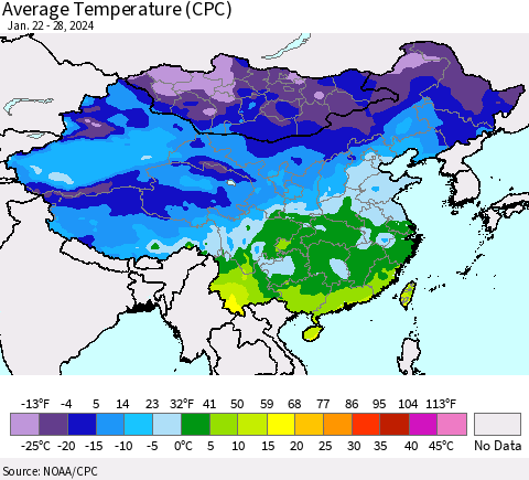 China, Mongolia and Taiwan Average Temperature (CPC) Thematic Map For 1/22/2024 - 1/28/2024