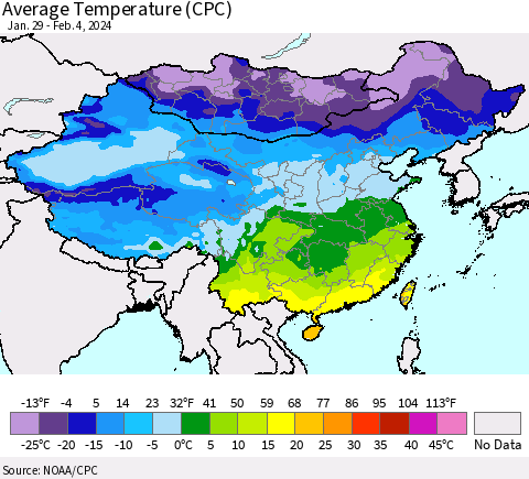 China, Mongolia and Taiwan Average Temperature (CPC) Thematic Map For 1/29/2024 - 2/4/2024