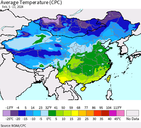 China, Mongolia and Taiwan Average Temperature (CPC) Thematic Map For 2/5/2024 - 2/11/2024
