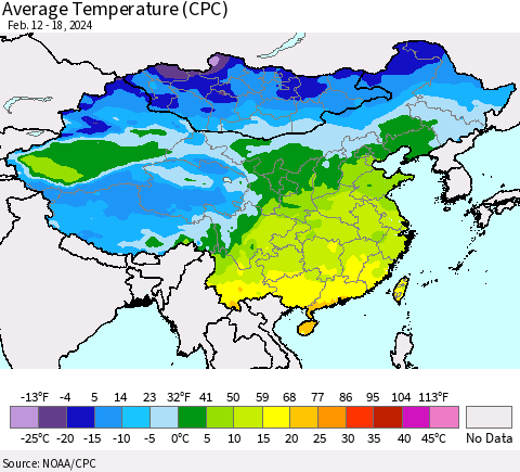 China, Mongolia and Taiwan Average Temperature (CPC) Thematic Map For 2/12/2024 - 2/18/2024