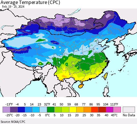 China, Mongolia and Taiwan Average Temperature (CPC) Thematic Map For 2/19/2024 - 2/25/2024