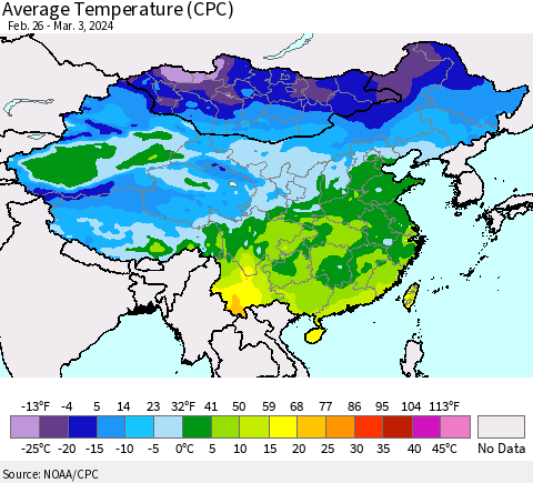 China, Mongolia and Taiwan Average Temperature (CPC) Thematic Map For 2/26/2024 - 3/3/2024
