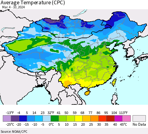 China, Mongolia and Taiwan Average Temperature (CPC) Thematic Map For 3/4/2024 - 3/10/2024