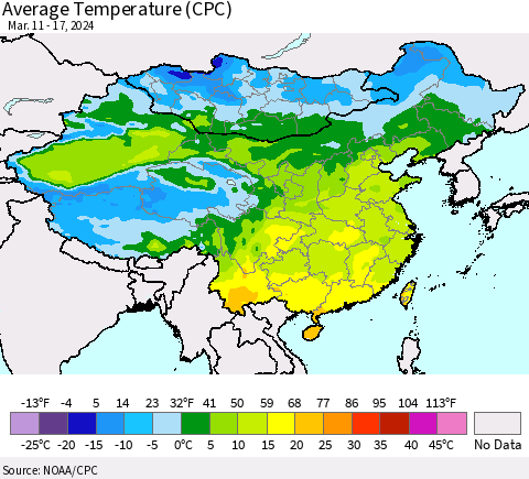 China, Mongolia and Taiwan Average Temperature (CPC) Thematic Map For 3/11/2024 - 3/17/2024