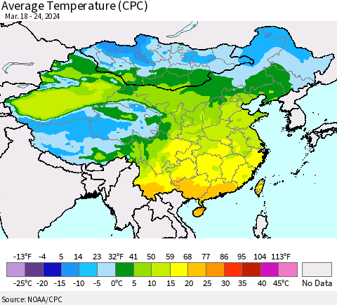 China, Mongolia and Taiwan Average Temperature (CPC) Thematic Map For 3/18/2024 - 3/24/2024