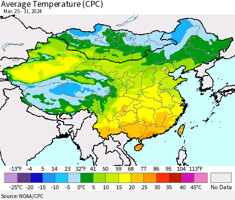 China, Mongolia and Taiwan Average Temperature (CPC) Thematic Map For 3/25/2024 - 3/31/2024
