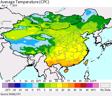 China, Mongolia and Taiwan Average Temperature (CPC) Thematic Map For 4/1/2024 - 4/7/2024