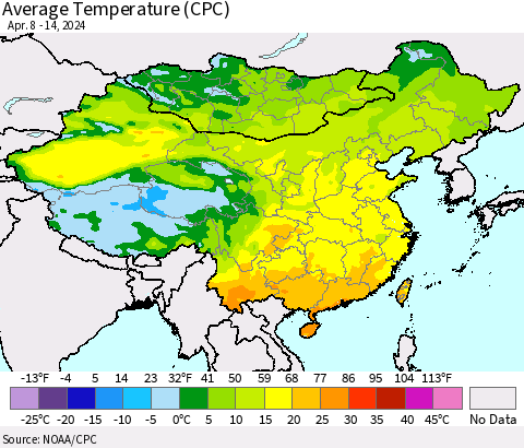 China, Mongolia and Taiwan Average Temperature (CPC) Thematic Map For 4/8/2024 - 4/14/2024