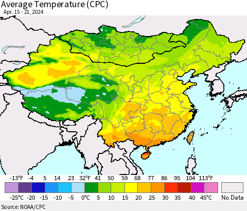 China, Mongolia and Taiwan Average Temperature (CPC) Thematic Map For 4/15/2024 - 4/21/2024