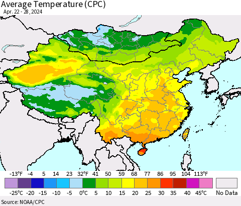 China, Mongolia and Taiwan Average Temperature (CPC) Thematic Map For 4/22/2024 - 4/28/2024